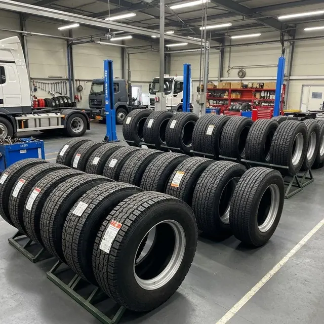 Retreaded truck tyres arranged on racks